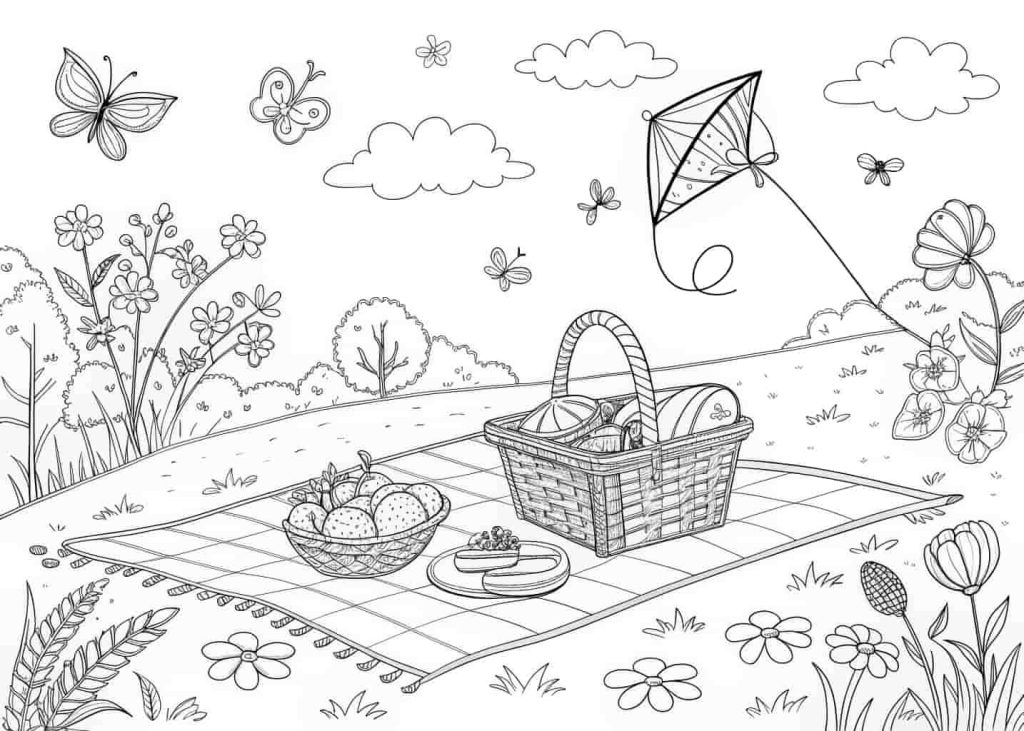 A charming and detailed line art coloring page showing a spring picnic scene with a blanket on the grass, a picnic basket, fruits and sandwiches, flowers blooming around, butterflies, and a kite flying in the sky. Coloring book style, black and white outlines, fun for all ages.