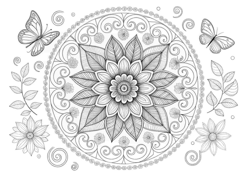  A beautiful and intricate circular spring mandala coloring page made up of flower petals, leaves, butterflies, and swirling patterns. Detailed and symmetrical design, coloring book style, black and white outlines only, perfect for teens and adults who love detailed coloring.