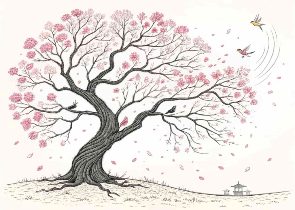 A beautiful full cherry blossom tree with delicate petals falling gently in the breeze, soft light background, detailed branches, cute birds sitting on branches, Japanese garden style, clean black outlines for coloring page, suitable for all ages.