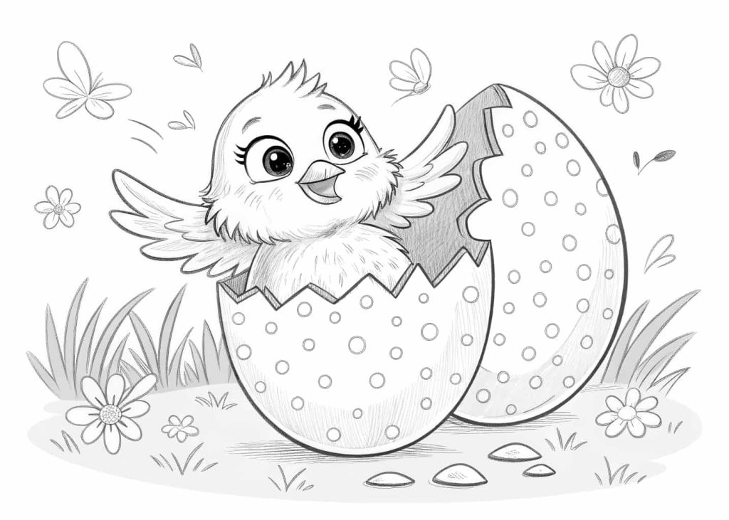 An adorable fluffy baby chick cracking out of a speckled Easter egg, tiny wings spread out, big cute eyes, cracked eggshell around it, small flowers in background, cartoon-style clean black line art for coloring page, super cute and child-friendly.