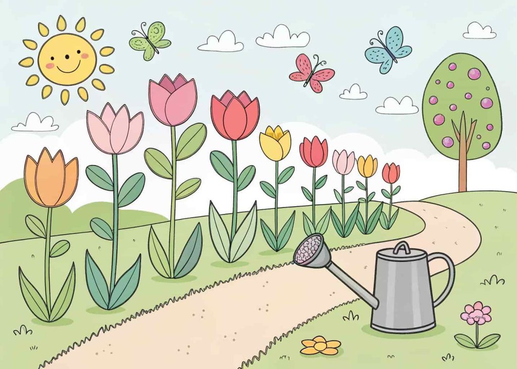 A cheerful spring garden scene filled with rows of tall blooming tulips in various shapes, a watering can nearby, butterflies hovering above, garden path in the background, friendly sun in the corner, clean black outline coloring page style, detailed but not too complex.