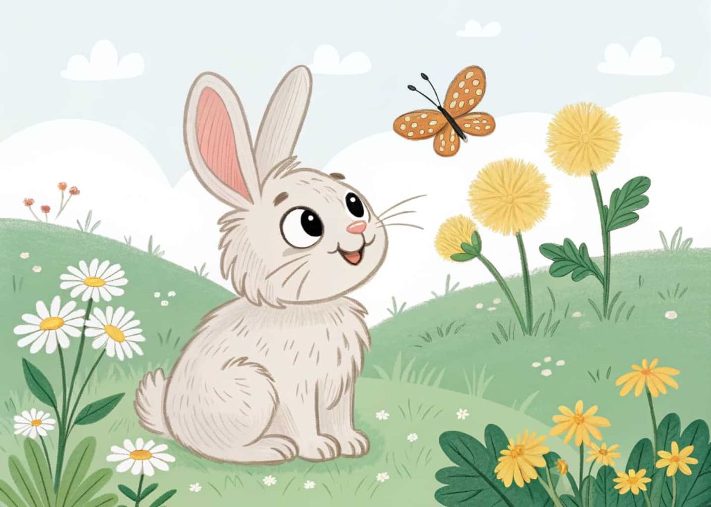 A cute fluffy bunny sitting in the middle of a wildflower meadow, surrounded by daisies, dandelions, and clover, happy expression, long floppy ears, small butterfly on its nose, simple clean black outline for coloring page, sweet and whimsical cartoon style.