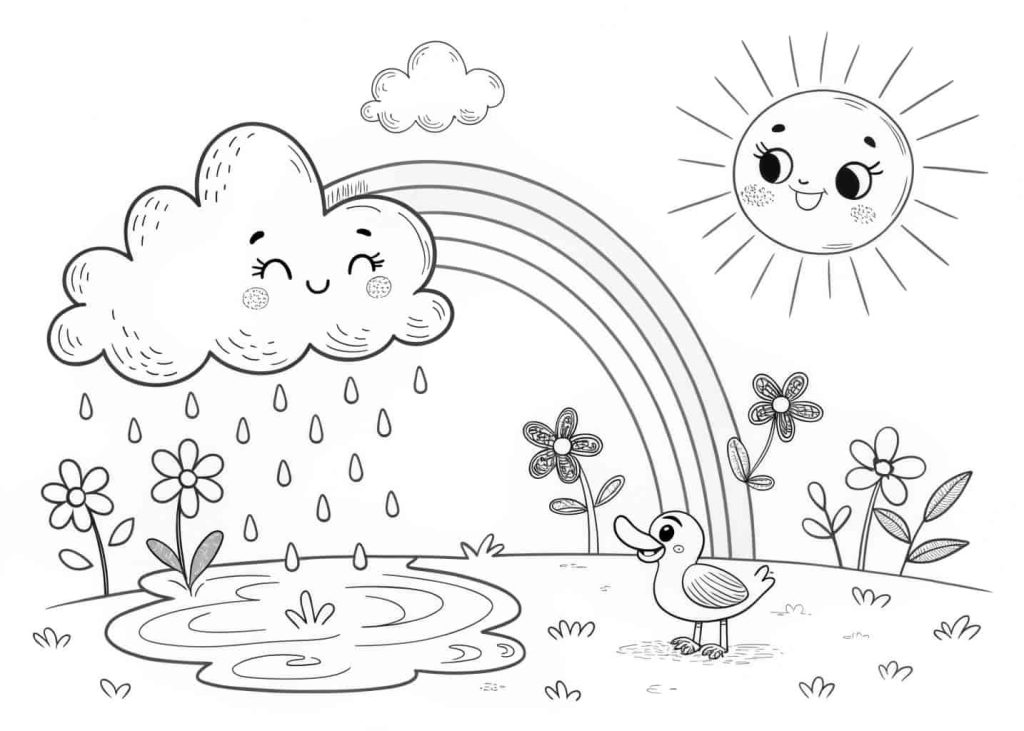 A happy rain cloud with raindrops falling, a bright rainbow arching across the sky, small puddles on the ground with a duck splashing, flowers growing after rain, sun peeking from behind the cloud, child-friendly cartoon black line art, perfect for a coloring page activity.