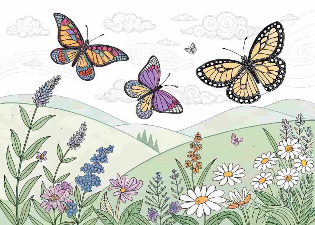 Multiple colorful butterflies of different species flying above a lush spring garden, detailed wing patterns, flowers below including lavender and daisies, soft rolling hills in background, clear black outline coloring page design, elegant yet fun for kids and adults alike.