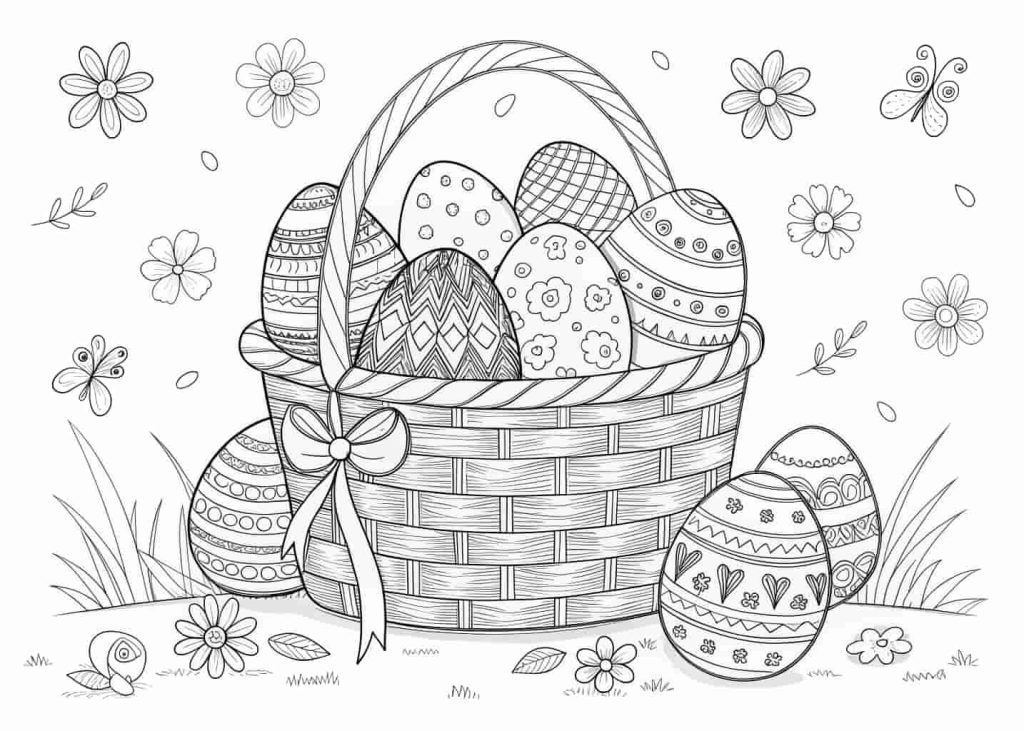 A woven wicker Easter basket overflowing with beautifully decorated Easter eggs, each egg with different patterns like stripes, dots, zigzags, and flowers, ribbon tied on basket handle, small flowers around the base, clean black outline art for coloring page, festive and cheerful.