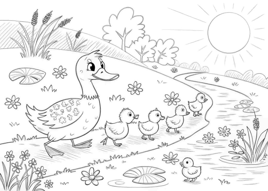 A mama duck waddling along a pond path with a line of tiny fluffy ducklings following behind, lily pads on the pond, spring flowers on the bank, reeds in background, warm sunshine, cute cartoon black outline coloring page suitable for toddlers and young children.