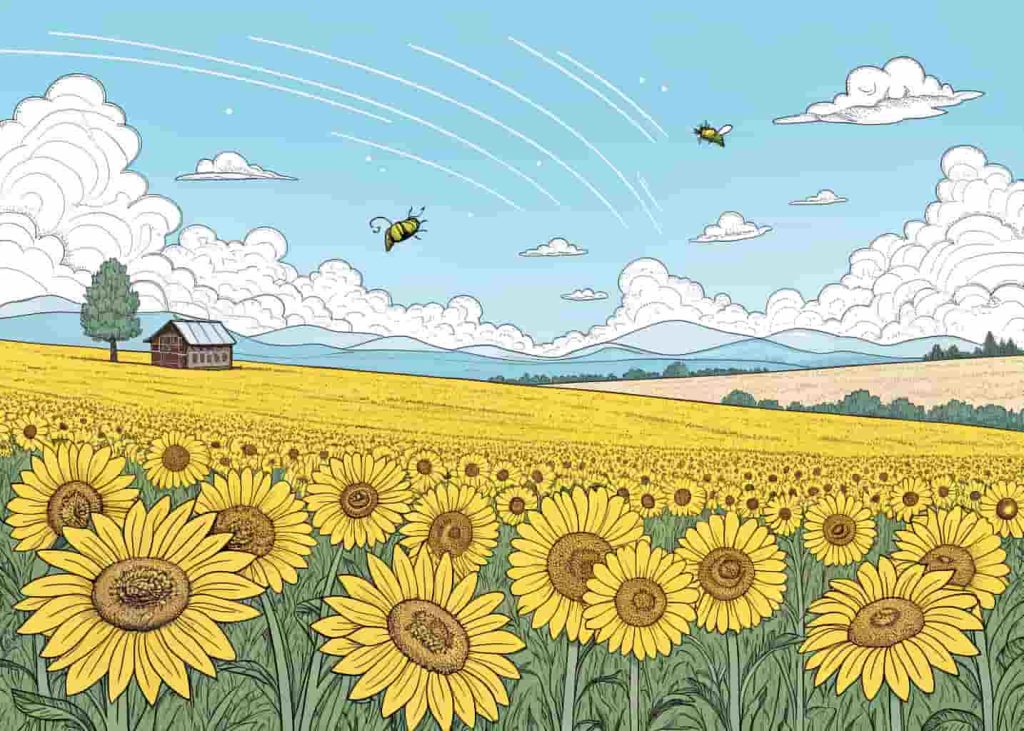 A wide open field of tall blooming sunflowers stretching to the horizon, blue sky with fluffy clouds above, a small wooden farmhouse in the far background, bees flying near flowers, bold simple outlines for coloring page, bright and cheerful spring atmosphere.