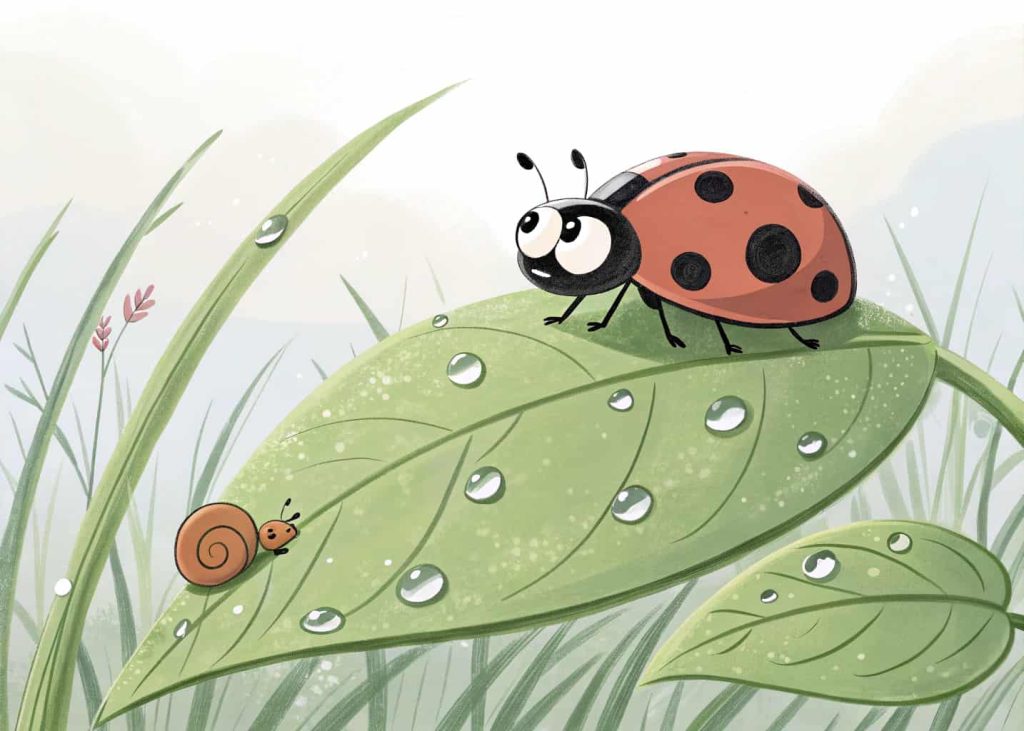 A cute round ladybug with black spots sitting on top of a large detailed leaf, dewdrops on the leaf edges, a tiny snail nearby, blades of grass in background, soft spring light, clean black outline coloring page style, simple and sweet for young children.