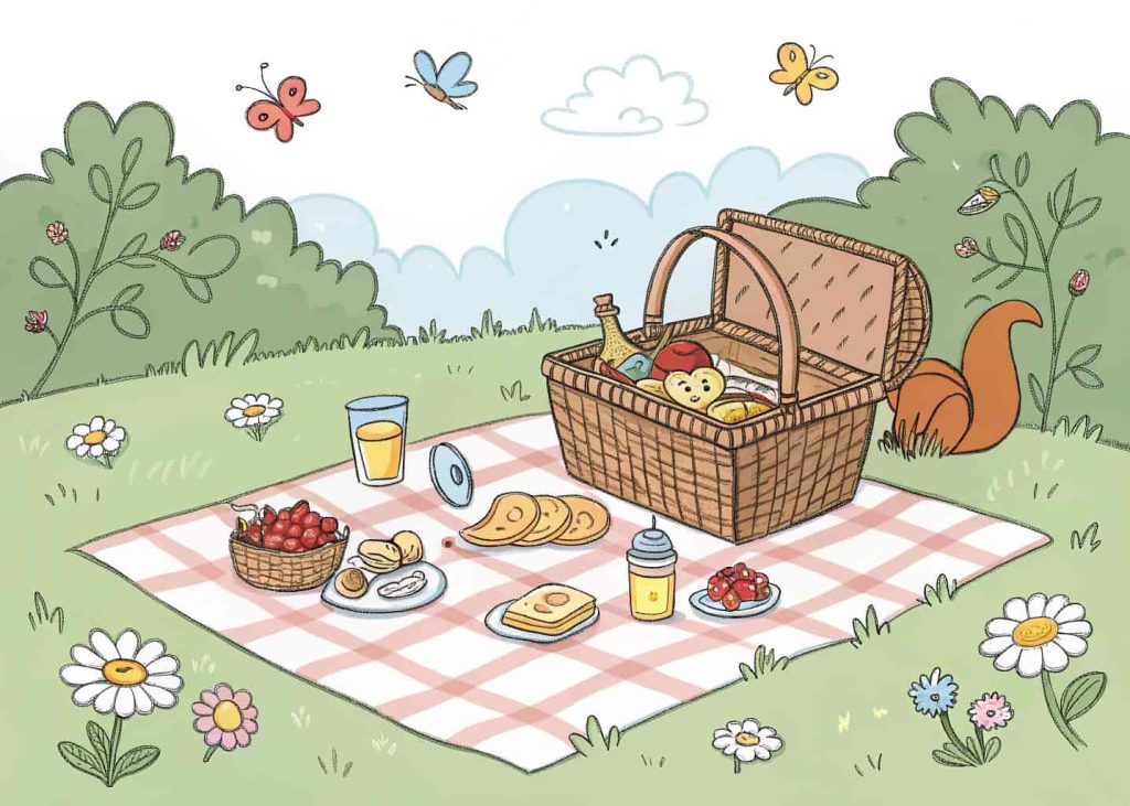 A cozy spring picnic scene with a checkered blanket spread on grass, a wicker basket open with food inside, lemonade glasses, sandwiches, surrounded by wildflowers and butterflies, a friendly squirrel in the corner, clean cartoon black outline for coloring page, warm and inviting.