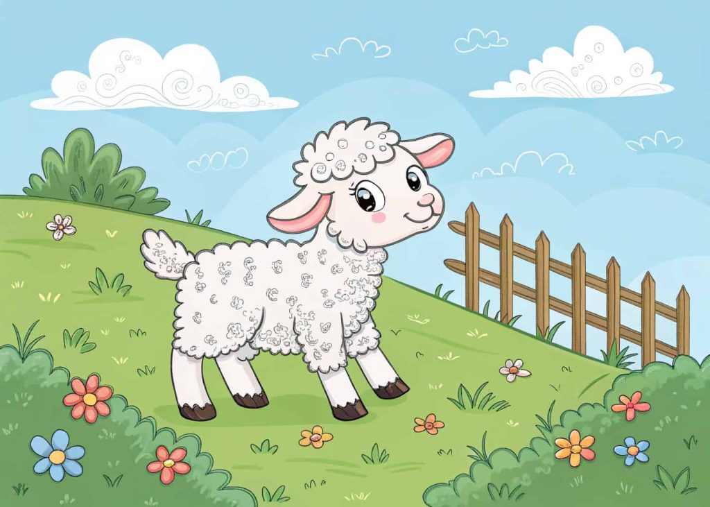 An adorable fluffy baby lamb standing in a bright green meadow, tiny flowers around its feet, a wooden fence in the background, fluffy clouds in blue sky, gentle happy expression, soft wool texture details, clean black outline coloring page art, countryside spring setting.