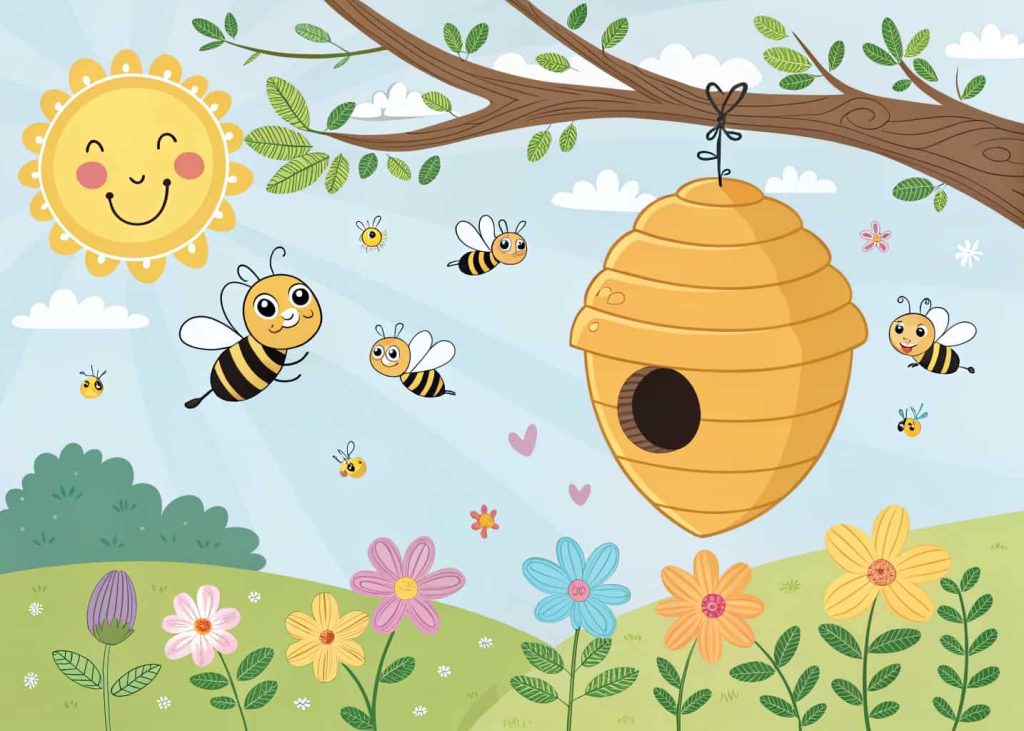 A large beehive hanging from a tree branch with busy bees flying around it, honeycomb pattern visible, flowers and clover below, happy cartoon bee faces, spring sunshine in background, clean black outline coloring page design, educational and fun for children of all ages.