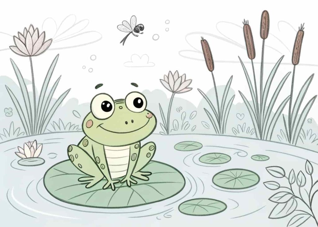 A cheerful cartoon frog sitting proudly on a large lily pad in a pond, water ripples around the pad, cattails and reeds in background, a dragonfly hovering nearby, lotus flowers on the water, clean black outline coloring page style, fun and nature-inspired spring scene.