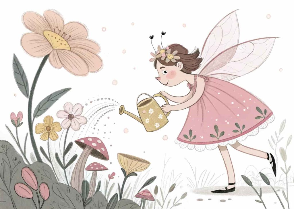 A delicate spring fairy with petal-shaped wings floating in a magical garden, wearing a flower petal dress, holding a tiny watering can, oversized flowers and mushrooms around her, soft glowing light, whimsical and detailed clean black outline for coloring page, magical and enchanting.