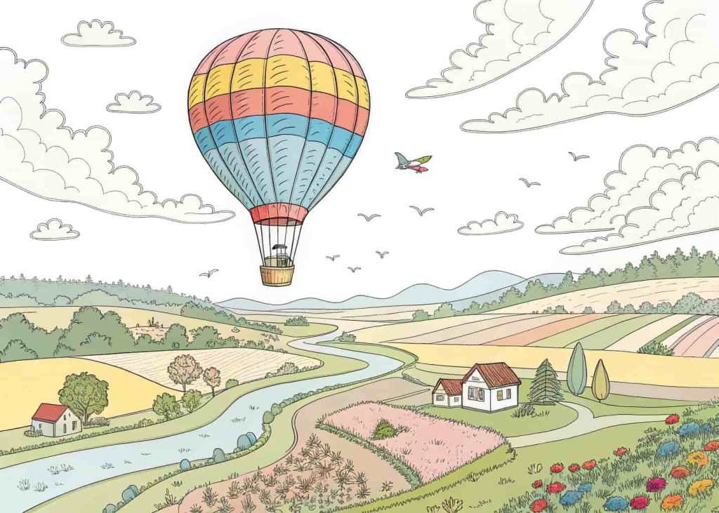 A colorful striped hot air balloon floating above patchwork spring fields, tiny farmhouses and rivers below, blooming flower fields in different colors, birds flying nearby, soft clouds, detailed clean black outline coloring page for older kids and adults, scenic and adventurous spring view.