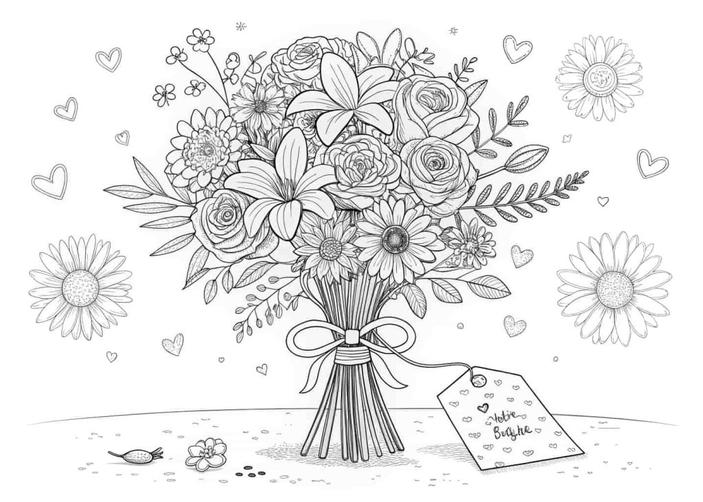 A lush spring flower bouquet with roses, daisies, lilies, and wildflowers all tied with a decorative ribbon, a small gift tag attached, scattered petals around the base, clean black outline coloring page art, romantic and celebratory, perfect for Mother's Day coloring activity for kids.