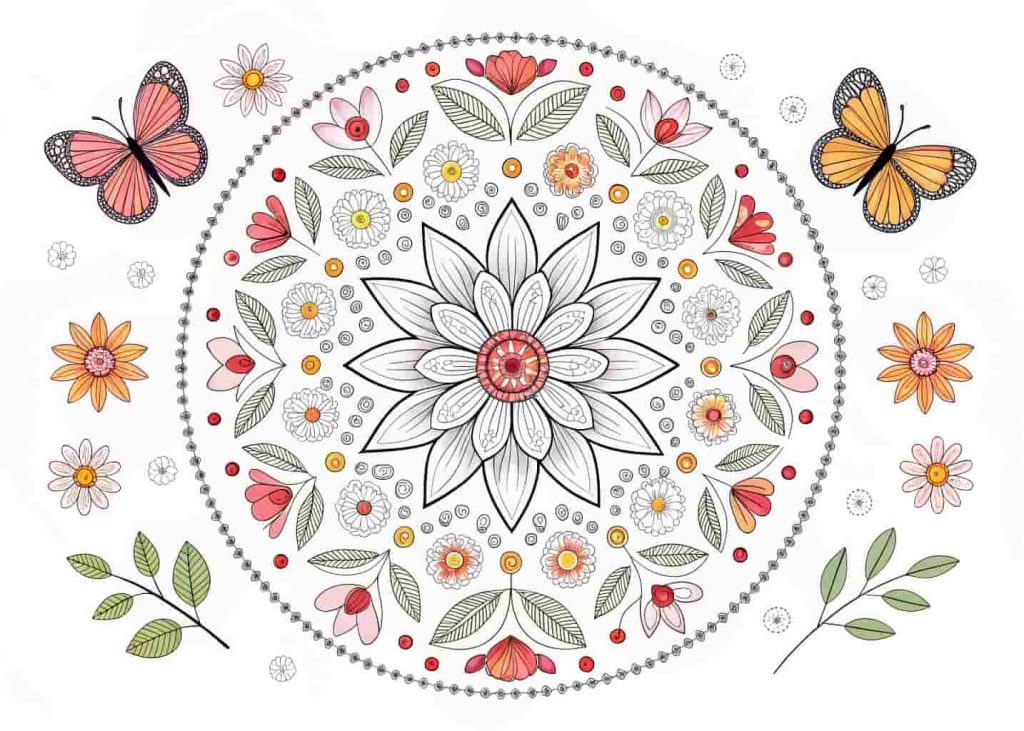 A circular spring mandala design filled with symmetrical flower petals, tiny butterflies, dewdrops, and leaf patterns, intricate and detailed, clean black outline on white background, suitable for teens and adults who enjoy detailed coloring, elegant and meditative spring-themed coloring page.