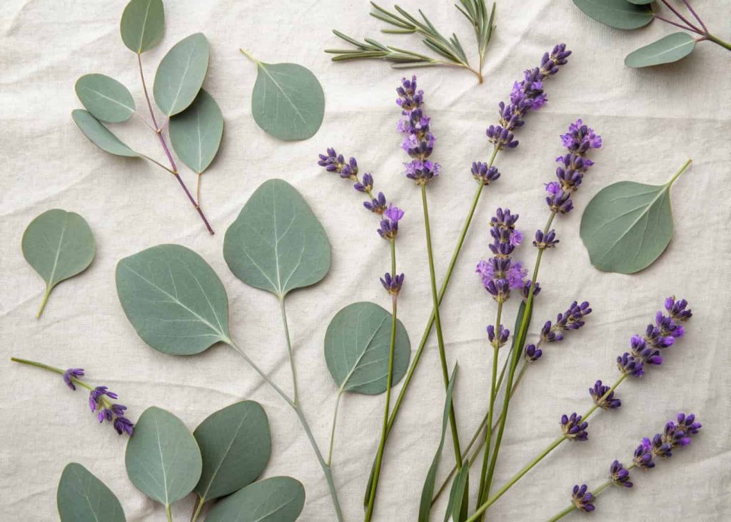 Lavender purple and sage green color palette, fresh botanical flat lay with lavender sprigs and eucalyptus leaves on a linen background, soft natural light, spring garden aesthetic