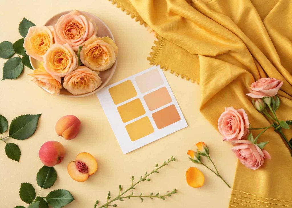 Peach and golden yellow spring color palette, warm toned flat lay with peach roses, golden fabric swatch, sunlit background, cheerful spring aesthetic photography