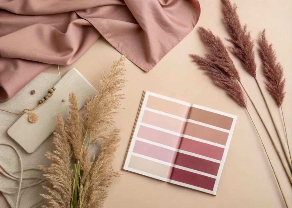 Dusty rose and mauve spring color palette, sophisticated flat lay with dried pampas grass, muted pink fabric swatches, warm neutral background, editorial spring mood board photography