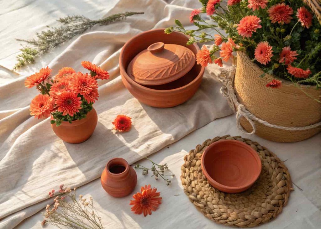 Coral and terracotta spring color palette, warm boho flat lay with terracotta pots, coral flowers, warm earthy tones, natural linen texture, bright natural daylight photography