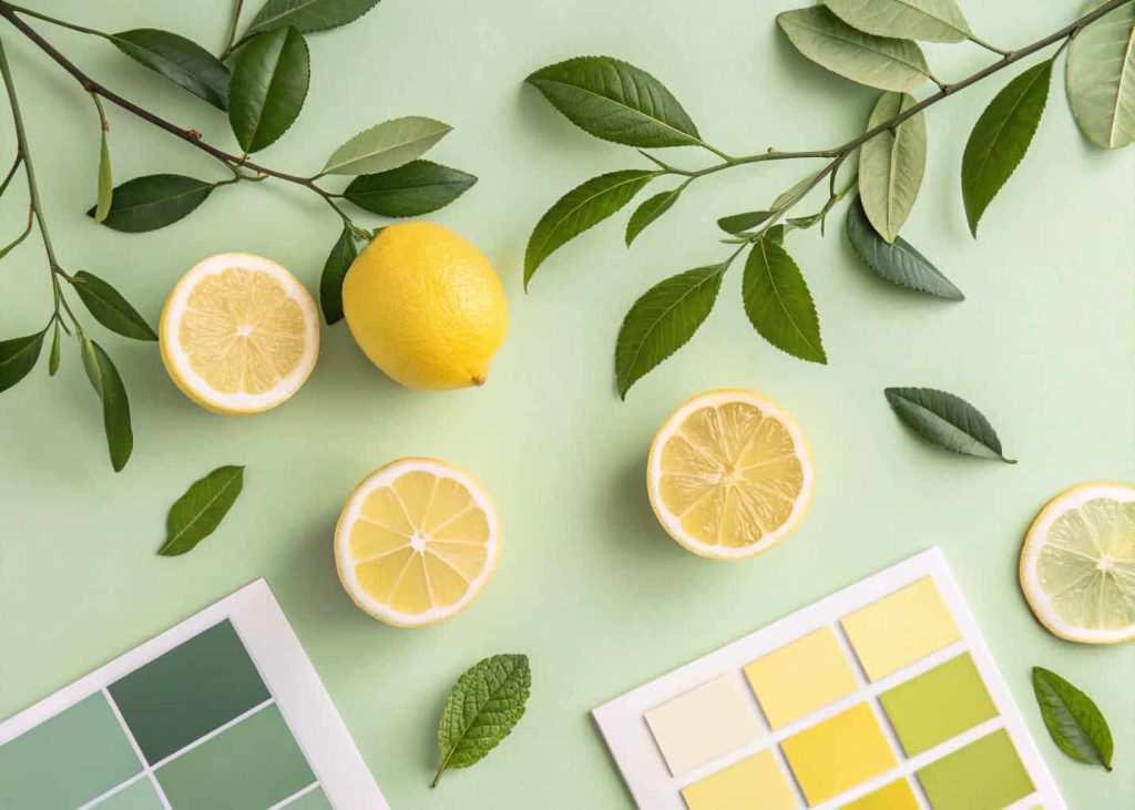Soft lemon yellow and pistachio green spring color palette, fresh citrus aesthetic flat lay with lemon slices, green leaves, light pastel background, bright airy spring kitchen mood