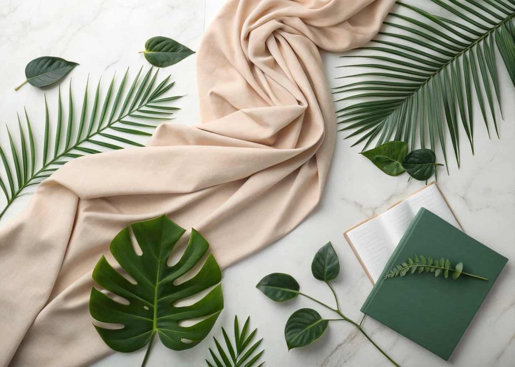 Nude beige and forest green spring color palette, luxury editorial flat lay with green tropical leaves, nude fabric drape, white marble surface, minimalist sophisticated spring mood photography