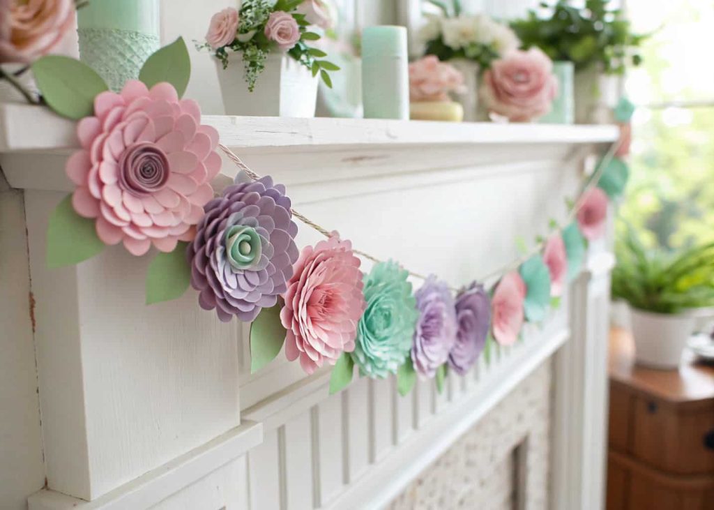 A cheerful paper flower garland in pastel pink, lavender, and mint green colors, hanging across a white wooden mantel, natural daylight, cozy spring home interior, soft bokeh background, warm and inviting mood.