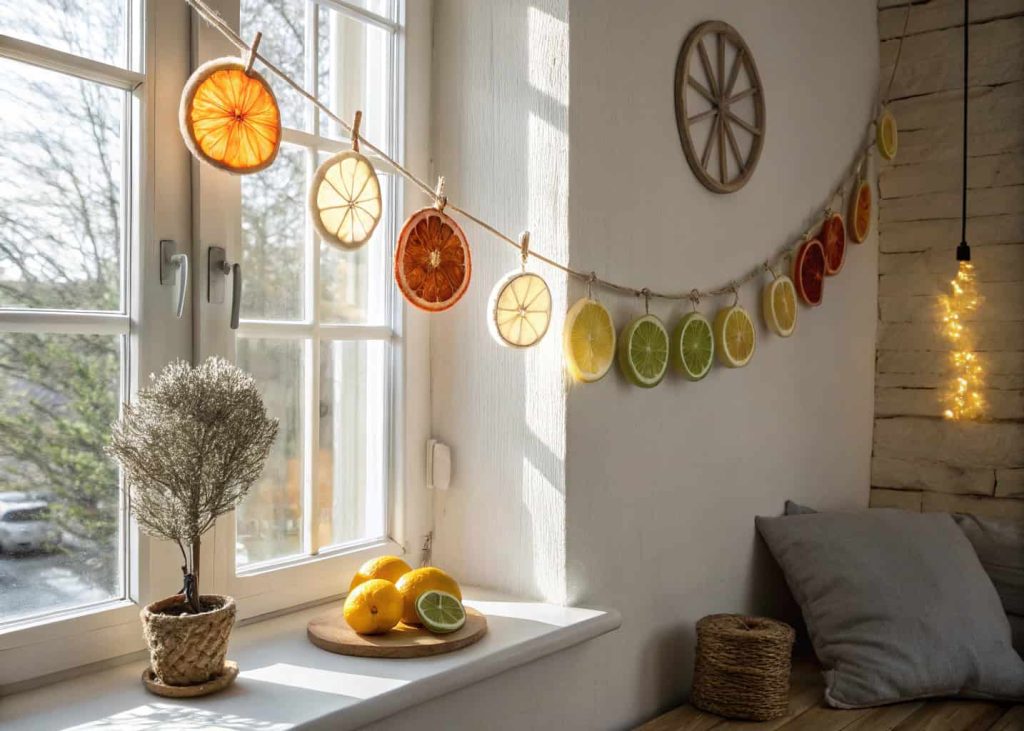 Dried citrus slices of orange, lemon, and lime threaded on rustic twine garland, hanging near a sunny window, natural light glowing through the translucent slices, warm earth tones, minimalist Scandinavian interior style.