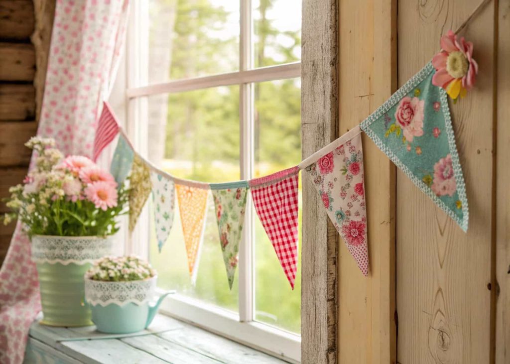 Colorful fabric scrap bunting garland with floral and gingham patterns in pastel colors, hung across a rustic wooden wall, cottage-core aesthetic, warm afternoon light, cozy farmhouse interior, cheerful spring decor.