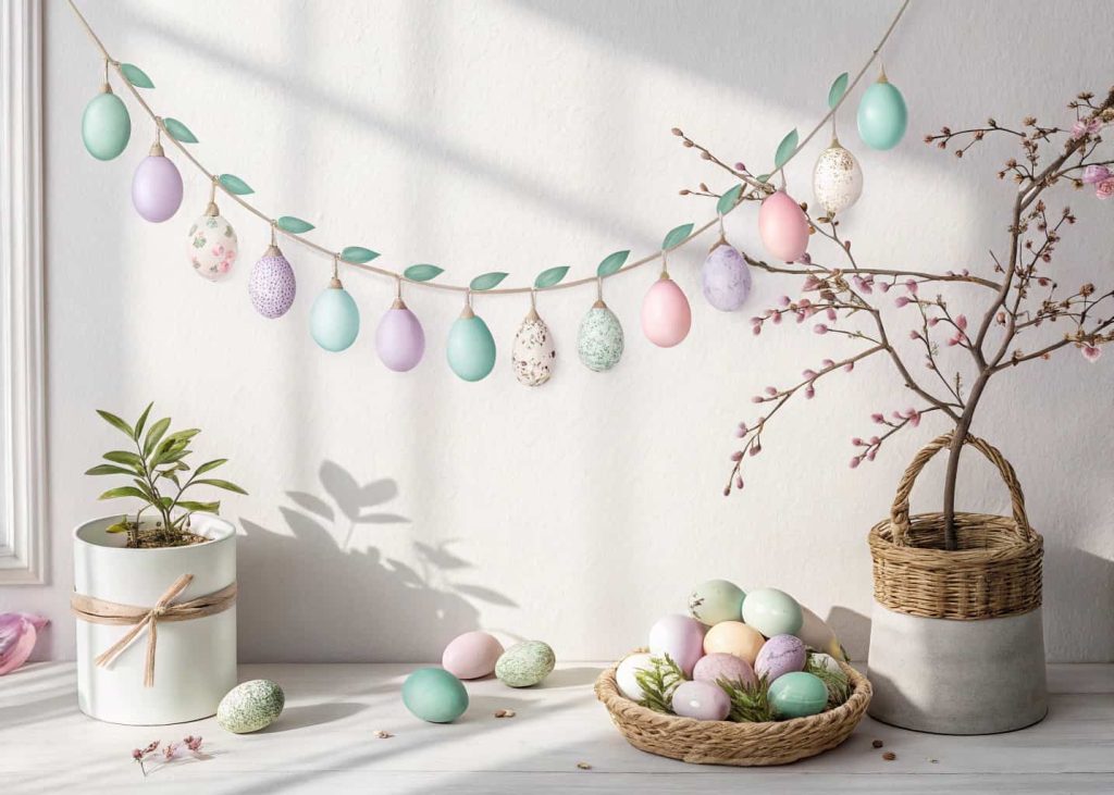 Delicate painted eggshell garland in soft pastel watercolor tones — mint, blush, and lavender — hanging against a white wall, elegant and fragile aesthetic, spring Easter decor, soft natural light, minimal and airy interior.