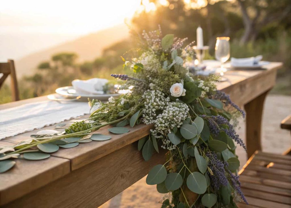 Lush eucalyptus and wildflower garland with baby's breath and lavender, draped across a wooden dining table, golden hour natural light, boho spring wedding or home decor aesthetic, soft green and white tones.