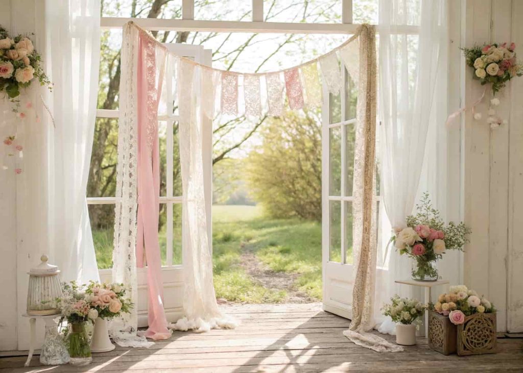 Romantic ribbon and lace garland in white, cream, and blush pink, hanging near a bright open window with sheer curtains, gentle breeze movement, soft romantic spring aesthetic, garden party or bridal shower decor, dreamy and elegant mood.