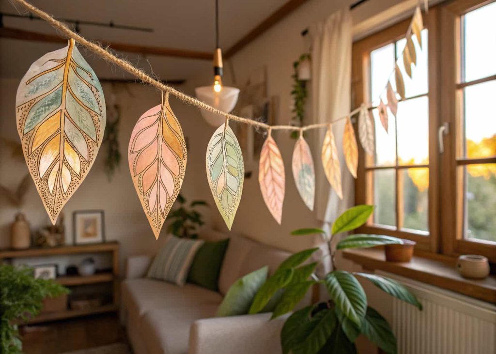 Hand-painted leaf garland on rustic twine, leaves painted in gold, copper, and soft pastel tones with brushstroke patterns, hanging in a boho-style living room, warm earthy tones, spring nature-inspired interior decor, afternoon sunlight.