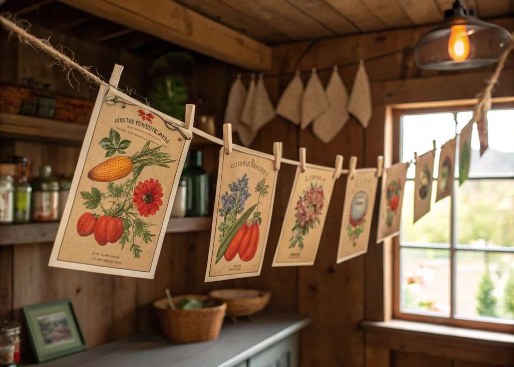 Charming seed packet garland strung on twine, featuring colorful vintage-illustrated seed envelopes of flowers and vegetables, hanging in a rustic farmhouse kitchen, warm earthy interior, spring gardening aesthetic, natural light from a small window.