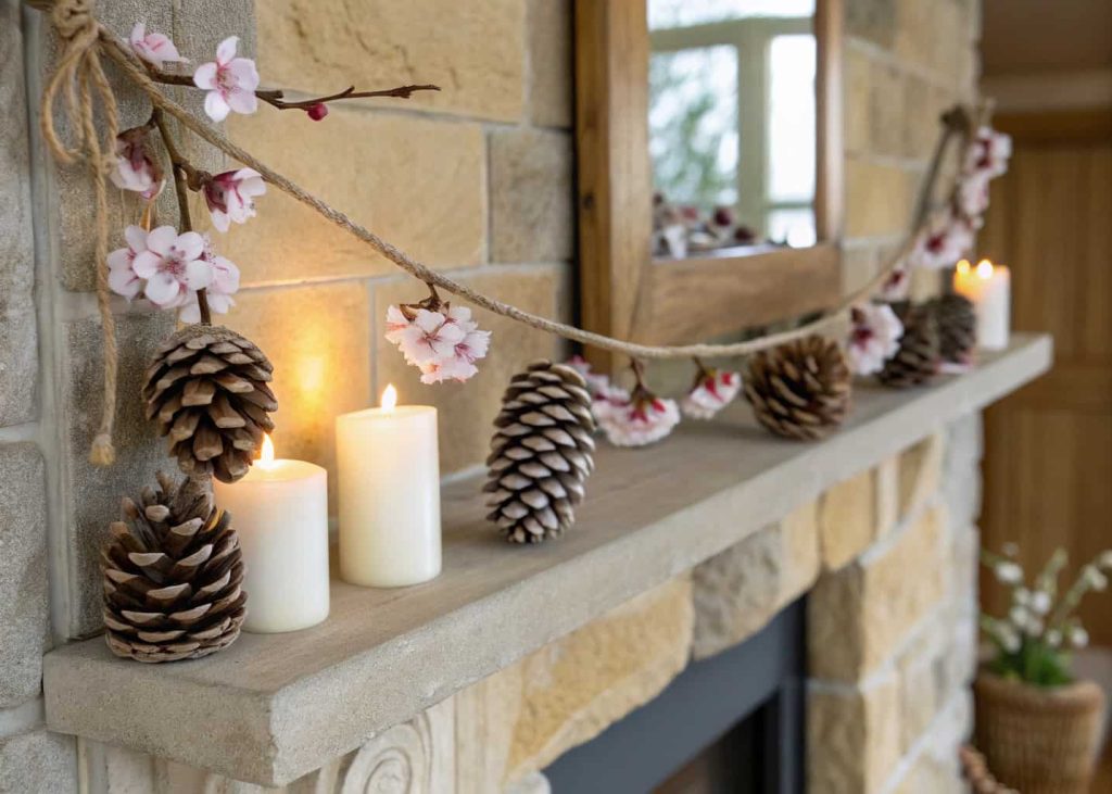 Rustic garland alternating small pinecones with white-tipped edges and delicate pink cherry blossoms, strung on natural twine, draped across a stone mantel, transitional winter-to-spring aesthetic, warm candlelight and natural light, organic and elegant home decor.