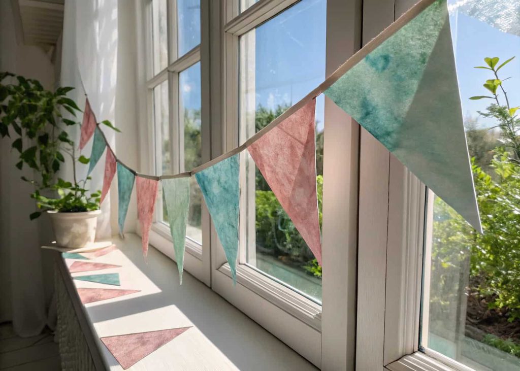 Handmade watercolor banner garland with triangular paper pieces painted in dusty rose, sage green, and sky blue abstract washes, hung near a sunny window, light passing through translucent paint, artistic spring home decor, bright airy Scandinavian interior.