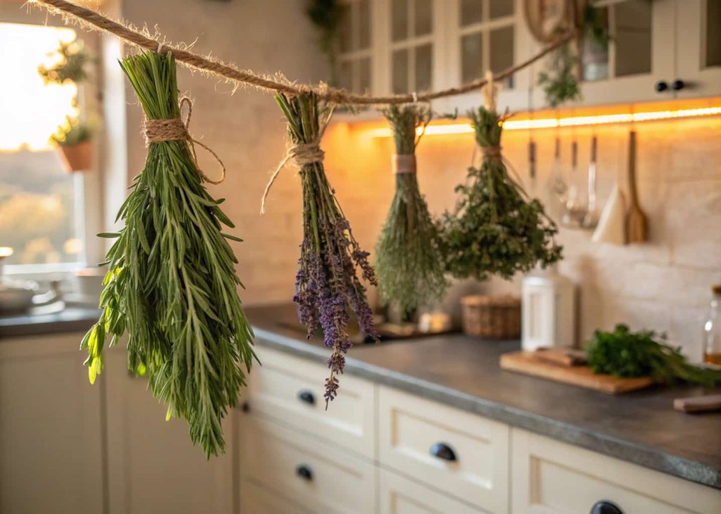 Rustic herb bundle garland with rosemary, lavender, and thyme tied with raffia, hanging in a sunlit farmhouse kitchen, warm golden hour light, aromatic and earthy spring kitchen decor, natural greenery and stone counter background, cozy and practical aesthetic.