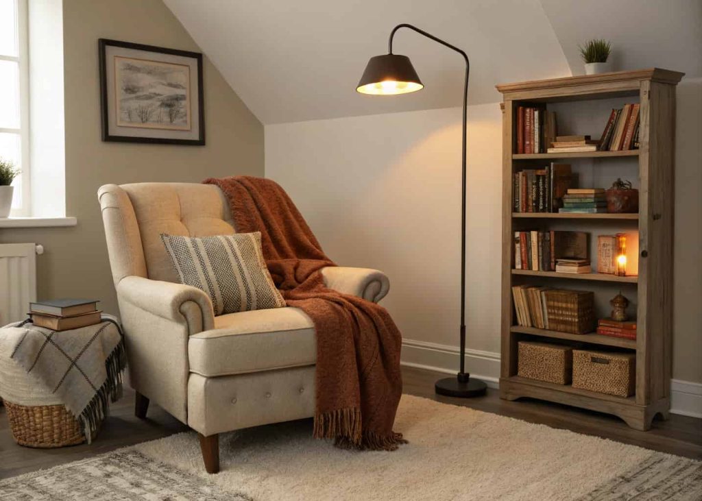 Cozy bedroom reading nook with a soft armchair, floor lamp, small bookshelf, warm throw blanket, plush rug, warm lighting, intimate corner space, inviting atmosphere, realistic interior photo
