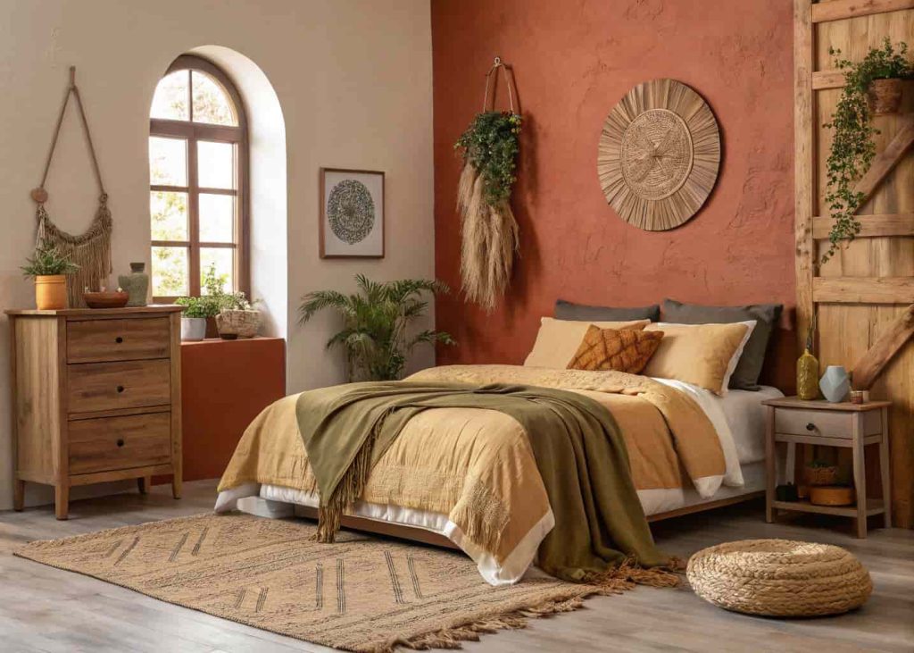 Bedroom with earthy warm color palette, terracotta accent wall, warm beige bedding, olive green throw, cozy hygge atmosphere, soft lighting, earthy natural decor, realistic interior photography