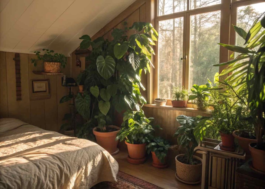 Cozy bedroom with lush houseplants in terracotta pots, large pothos in corner, sunlight streaming through window, warm earthy tones, natural greenery, serene relaxing atmosphere, interior photography