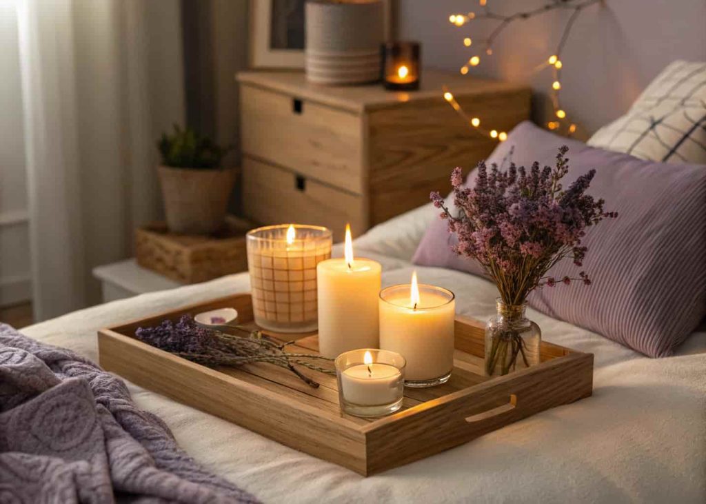 Bedroom with glowing scented candles on wooden tray, warm candlelight atmosphere, soft shadows, lavender and vanilla candles, cozy serene setting, warm tones, romantic evening bedroom, realistic photo