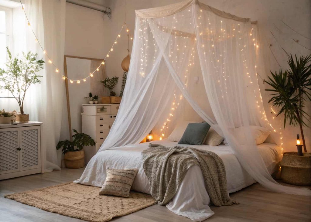 Bedroom with a dreamy sheer white canopy draped over bed, flowing fabric, fairy lights, soft romantic lighting, cozy enclosed sleep space, ethereal atmosphere, boho bedroom, realistic interior photography