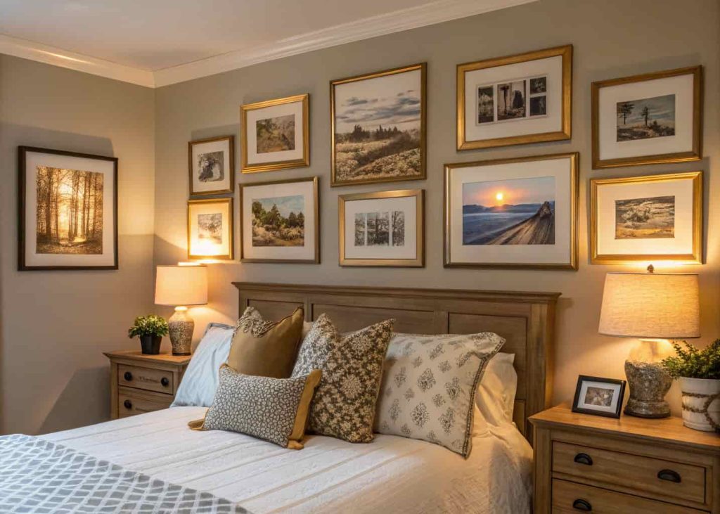 Bedroom gallery wall above bed with mix of framed photos, warm gold frames, art prints, cozy atmosphere, warm lighting, personal and curated aesthetic, hygge style, realistic interior design photo