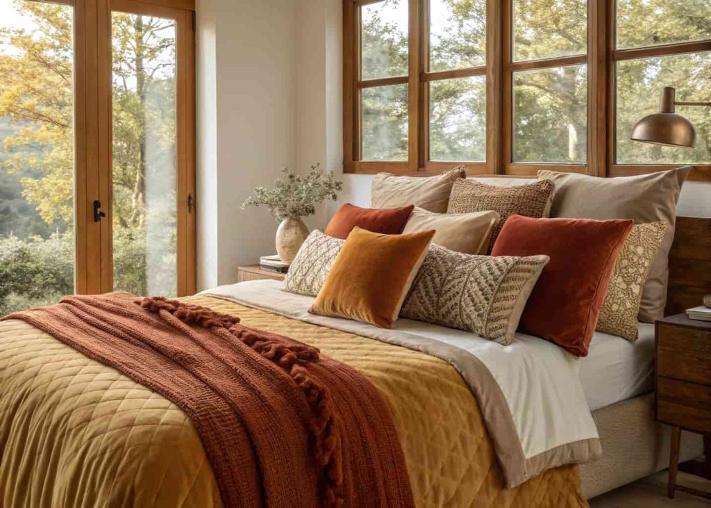 Bed styled with layers of pillows in velvet, linen, and knit textures, warm mustard and rust cushions, cozy styled bedroom, inviting and plush pillowarrangement, natural light, realistic photo