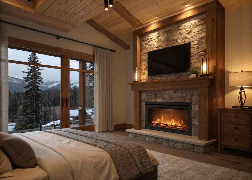 Cozy bedroom with electric fireplace on feature wall, warm glowing flames, wooden mantel, warm lighting, inviting atmosphere, viewed from bed, modern cozy interior, realistic interior photography