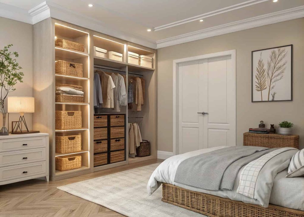 Organized minimalist cozy bedroom, clear surfaces, wicker storage baskets, floating shelves with few curated items, warm neutral tones, clutter-free peaceful atmosphere, soft light, realistic interior photography