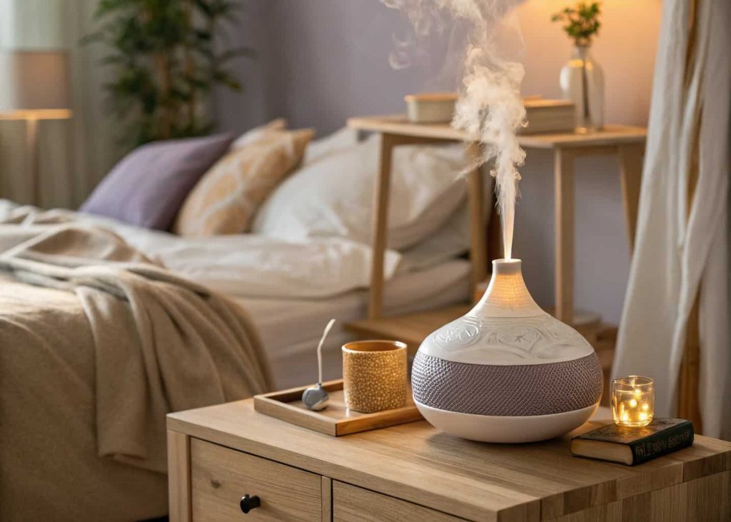 Ceramic essential oil diffuser on wooden bedside table, mist rising, cozy bedroom setting, warm soft lighting, lavender and amber aesthetic, relaxing serene atmosphere, realistic close-up bedroom photo