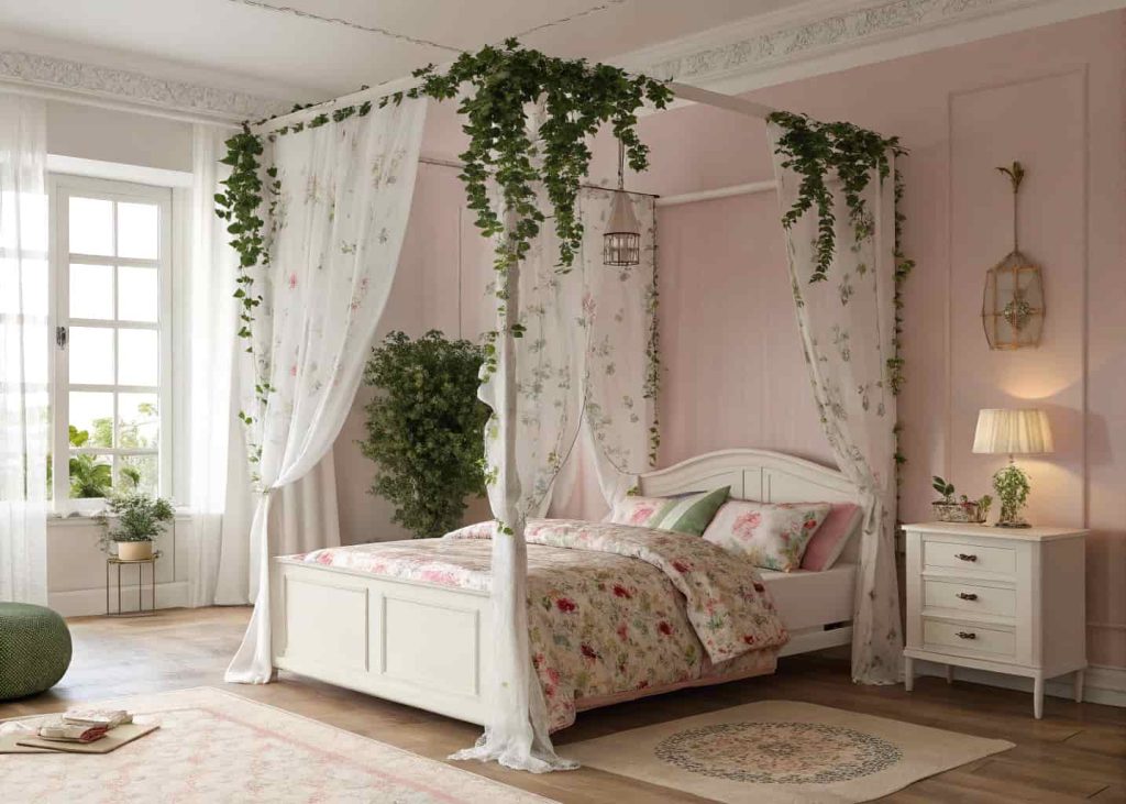 A cozy bedroom with a white four-poster canopy bed draped in sheer floral curtains and hanging trailing ivy vines, soft morning light, blush pink and green tones, dreamy garden aesthetic, photorealistic interior photography style.