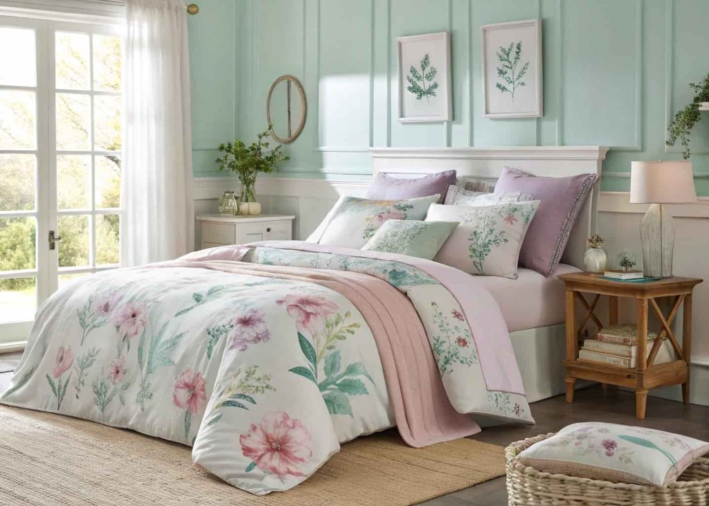 Cozy spring bedroom with pastel floral duvet cover in lavender, mint, and blush watercolor floral print, layered pillows, natural linen textures, bright airy room with sunlight, soft and elegant interior styling photography.