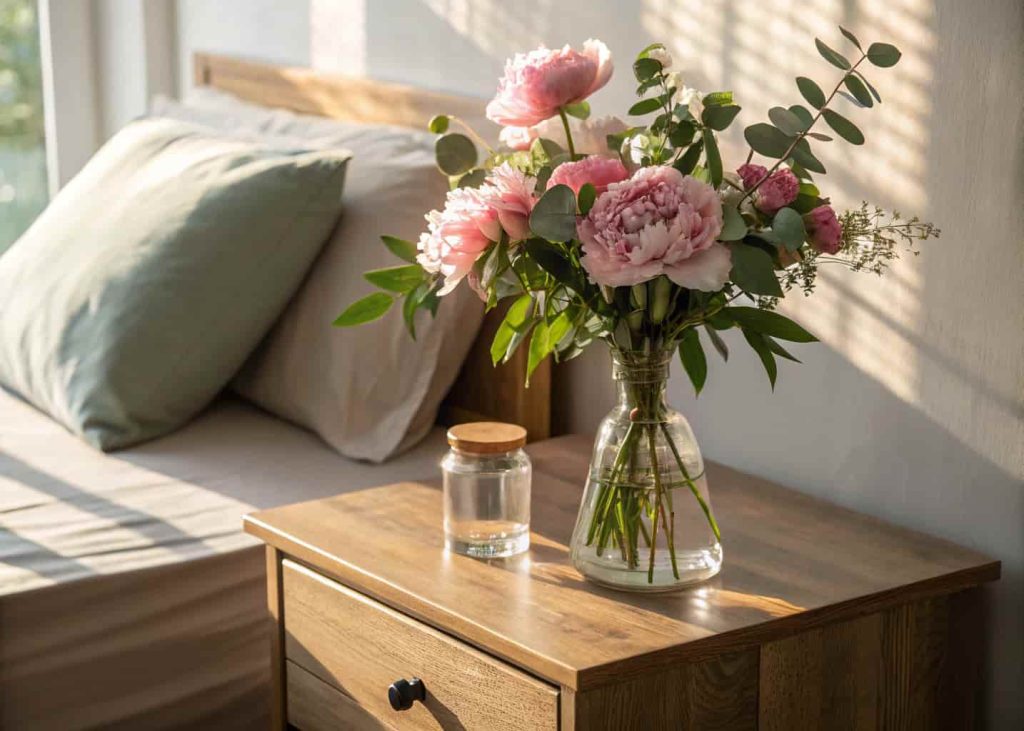 Close-up of a spring bedroom nightstand with a small glass vase of fresh pink peonies and eucalyptus greenery, soft morning sunlight, warm wood surface, cozy bedroom atmosphere, lifestyle interior photography.